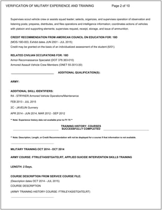 Supervises scout vehicle crew or assists squad leader; selects, organizes, and supervises operation of observation and
listening posts; prepares, distributes, and files operations and intelligence information; coordinates actions of vehicles
with platoon and supporting elements; supervises request, receipt, storage, and issue of ammunition.
CREDIT RECOMMENDATION FROM AMERICAN COUNCIL ON EDUCATION FOR: 19D
(MOS-19D-003, Exhibit dates JUN 2001 - JUL 2015)
Credit may be granted on the basis of an individualized assessment of the student (6/01).
RELATED CIVILIAN OCCUPATIONS FOR: 19D
Armor Reconnaissance Specialist (DOT 378.363-010)
Armored Assault Vehicle Crew Members (ONET 55-3013.00)
ARMY:
ADDITIONAL SKILL IDENTIFIERS:
R4 - STRYKER Armored Vehicle Operations/Maintenance
FEB 2013 - JUL 2015
2C - JAVELIN Gunnery
APR 2014 - JUN 2014, MAR 2012 - SEP 2012
** Note: Experience history data not available prior to FY 75 **
** Note: Description, Length, or Credit Recommendation will not be displayed for a course if that information is not available.
MILITARY TRAINING:OCT 2014 - OCT 2014
ARMY COURSE: FTRILEYASISTGATELRT, APPLIED SUICIDE INTERVENTION SKILLS TRAINING
LENGTH: 2 Days.
COURSE DESCRIPTION FROM SERVICE COURSE FILE:
(Description dates OCT 2014 - JUL 2015)
COURSE DESCRIPTION
(ARMY TRAINING HISTORY COURSE: FTRILEYASISTGATELRT)
_____________________________ ADDITIONAL QUALIFICATION(S):
TRAINING HISTORY: COURSES
SUCCESSFULLY COMPLETED
_____________________________
_____________________________
VERIFICATION OF MILITARY EXPERIENCE AND TRAINING Page 2 of 10
 