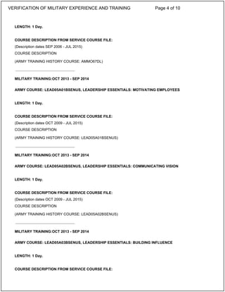 LENGTH: 1 Day.
COURSE DESCRIPTION FROM SERVICE COURSE FILE:
(Description dates SEP 2006 - JUL 2015)
COURSE DESCRIPTION
(ARMY TRAINING HISTORY COURSE: AMMO67DL)
MILITARY TRAINING:OCT 2013 - SEP 2014
ARMY COURSE: LEAD05A01BSENUS, LEADERSHIP ESSENTIALS: MOTIVATING EMPLOYEES
LENGTH: 1 Day.
COURSE DESCRIPTION FROM SERVICE COURSE FILE:
(Description dates OCT 2009 - JUL 2015)
COURSE DESCRIPTION
(ARMY TRAINING HISTORY COURSE: LEAD05A01BSENUS)
MILITARY TRAINING:OCT 2013 - SEP 2014
ARMY COURSE: LEAD05A02BSENUS, LEADERSHIP ESSENTIALS: COMMUNICATING VISION
LENGTH: 1 Day.
COURSE DESCRIPTION FROM SERVICE COURSE FILE:
(Description dates OCT 2009 - JUL 2015)
COURSE DESCRIPTION
(ARMY TRAINING HISTORY COURSE: LEAD05A02BSENUS)
MILITARY TRAINING:OCT 2013 - SEP 2014
ARMY COURSE: LEAD05A03BSENUS, LEADERSHIP ESSENTIALS: BUILDING INFLUENCE
LENGTH: 1 Day.
COURSE DESCRIPTION FROM SERVICE COURSE FILE:
_____________________________
_____________________________
_____________________________
VERIFICATION OF MILITARY EXPERIENCE AND TRAINING Page 4 of 10
 