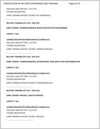 (Description dates APR 2010 - JUL 2015)
COURSE DESCRIPTION
(ARMY TRAINING HISTORY COURSE: PD11A02BSENUS)
MILITARY TRAINING:OCT 2012 - SEP 2013
ARMY COURSE: TEAM02A01BSENUS, BEING AN EFFECTIVE TEAM MEMBER
LENGTH: 1 Day.
COURSE DESCRIPTION FROM SERVICE COURSE FILE:
(Description dates OCT 2009 - JUL 2015)
COURSE DESCRIPTION
(ARMY TRAINING HISTORY COURSE: TEAM02A01BSENUS)
MILITARY TRAINING:OCT 2012 - SEP 2013
ARMY COURSE: TEAM02A02BSENUS, ESTABLISHING TEAM GOALS AND RESPONSIBILITIES
LENGTH: 1 Day.
COURSE DESCRIPTION FROM SERVICE COURSE FILE:
(Description dates OCT 2009 - JUL 2015)
COURSE DESCRIPTION
(ARMY TRAINING HISTORY COURSE: TEAM02A02BSENUS)
MILITARY TRAINING:OCT 2011 - NOV 2012
ARMY COURSE: 99PVADL, PASHTO RAPPORT
LENGTH: 1 Day.
COURSE DESCRIPTION FROM SERVICE COURSE FILE:
(Description dates OCT 2010 - JUL 2015)
COURSE DESCRIPTION
(ARMY TRAINING HISTORY COURSE: 99PVADL)
_____________________________
_____________________________
_____________________________
_____________________________
VERIFICATION OF MILITARY EXPERIENCE AND TRAINING Page 8 of 10
 