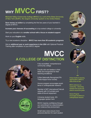 WHY MVCCFIRST?
Mohawk Valley Community College (MVCC) is a unit of the State University
of New York (SUNY), the largest university system in the United States.
Save money on tuition by completing the first two years of your bachelor’s
degree at MVCC
Increase your chances of succeeding at a top-ranked college or university
Start your education at a smaller school with a focus on student support
Work on your English skills
Try a new academic discipline – MVCC has more than 90 academic programs
	
Get an additional year or work experience in the USA with Optional Practical
Training after completion of your MVCC degree
Fully accredited, comprehensive
community college
Faculty who are leaders in their
fields and recognized for their
teaching excellence
5-Star Nationally Recognized Phi
Theta Kappa honor society
Honors program encourages excel-
lence in undergraduate research
Member of MIT international FabLab
network with 3-D printers and
state-of-the-art equipment
A diverse student body; 25+
languages spoken here
MVCC inspires confidence through
our commitment to a discrimination-
and violence-free environment
Small class sizes ensure more
personal attention for each student
Unique hands-on learning
opportunities in MVCC’s
state-of-the-art labs
MVCC embraces our
community – welcoming
students from across the
street to around the globe
Honors Program
encourages excellence in
undergraduate research
MVCC
A COLLEGE OF DISTINCTION
 