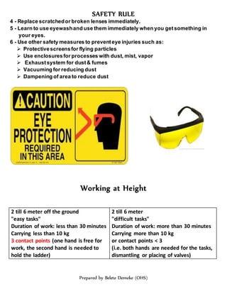 SAFETY RULE
Prepared by Belete Demeke (OHS)
4 - Replace scratchedor broken lenses immediately.
5 - Learn to use eyewashand use them immediately when you getsomething in
your eyes.
6 - Use other safety measures to preventeye injuries such as:
 Protectivescreensfor flying particles
 Use enclosuresfor processes with dust, mist, vapor
 Exhaustsystem for dust& fumes
 Vacuuming for reducing dust
 Dampening of area to reduce dust
Working at Height
2 till 6 meter off the ground
"easy tasks"
Duration of work: less than 30 minutes
Carrying less than 10 kg
3 contact points (one hand is free for
work, the second hand is needed to
hold the ladder)
2 till 6 meter
"difficult tasks"
Duration of work: more than 30 minutes
Carrying more than 10 kg
or contact points < 3
(i.e. both hands are needed for the tasks,
dismantling or placing of valves)
 