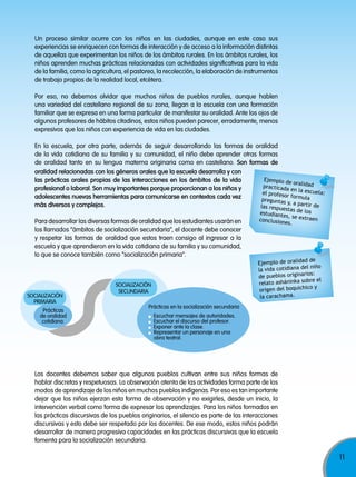 TODOS PODEMOS APRENDER, NADIE SE QUEDA ATRÁS
Los docentes debemos saber que algunos pueblos cultivan entre sus niños formas de
hablar discretas y respetuosas. La observación atenta de las actividades forma parte de los
modos de aprendizaje de los niños en muchos pueblos indígenas. Por eso es tan importante
dejar que los niños ejerzan esta forma de observación y no exigirles, desde un inicio, la
intervención verbal como forma de expresar los aprendizajes. Para los niños formados en
las prácticas discursivas de los pueblos originarios, el silencio es parte de las interacciones
discursivas y esto debe ser respetado por los docentes. De ese modo, estos niños podrán
desarrollar de manera progresiva capacidades en las prácticas discursivas que la escuela
fomenta para la socialización secundaria.
11
Ejemplo de oralidadpracticada en la escuela:el profesor formulapreguntas y, a partir delas respuestas de losestudiantes, se extraenconclusiones.
Un proceso similar ocurre con los niños en las ciudades, aunque en este caso sus
experiencias se enriquecen con formas de interacción y de acceso a la información distintas
de aquellas que experimentan los niños de los ámbitos rurales. En los ámbitos rurales, los
niños aprenden muchas prácticas relacionadas con actividades significativas para la vida
de la familia, como la agricultura, el pastoreo, la recolección, la elaboración de instrumentos
de trabajo propios de la realidad local, etcétera.
Por eso, no debemos olvidar que muchos niños de pueblos rurales, aunque hablen
una variedad del castellano regional de su zona, llegan a la escuela con una formación
familiar que se expresa en una forma particular de manifestar su oralidad. Ante los ojos de
algunos profesores de hábitos citadinos, estos niños pueden parecer, erradamente, menos
expresivos que los niños con experiencia de vida en las ciudades.
En la escuela, por otra parte, además de seguir desarrollando las formas de oralidad
de la vida cotidiana de su familia y su comunidad, el niño debe aprender otras formas
de oralidad tanto en su lengua materna originaria como en castellano. son formas de
Ejemplo de oralidad de
la vida cotidiana del niño
de pueblos originarios:
relato asháninka sobre el
origen del boquichico y
la carachama.
oralidad relacionadas con los géneros orales que la escuela desarrolla y con
las prácticas orales propias de las interacciones en los ámbitos de la vida
profesional o laboral. son muy importantes porque proporcionan a los niños y
adolescentes nuevas herramientas para comunicarse en contextos cada vez
más diversos y complejos.
Para desarrollar las diversas formas de oralidad que los estudiantes usarán en
los llamados “ámbitos de socialización secundaria”, el docente debe conocer
y respetar las formas de oralidad que estos traen consigo al ingresar a la
escuela y que aprendieron en la vida cotidiana de su familia y su comunidad,
lo que se conoce también como “socialización primaria”.
SOCIALIzACIóN
SECUNDARIA
Prácticas en la socialización secundaria
Escuchar mensajes de autoridades.
Escuchar el discurso del profesor.
Exponer ante la clase.
Representar un personaje en una
obra teatral.
Prácticas
de oralidad
cotidiana.
SOCIALIzACIóN
PRIMARIA
 