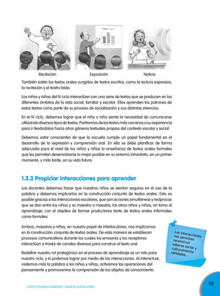 25
TODOS PODEMOS APRENDER, NADIE SE QUEDA ATRÁS
También están los textos orales surgidos de textos escritos, como la lectura expresiva,
la recitación y el teatro leído.
Los niños y niñas del IV ciclo interactúan con una serie de textos que se producen en los
diferentes ámbitos de la vida social, familiar y escolar. Ellos aprenden los patrones de
estos textos como parte de su proceso de socialización y sus distintas vivencias.
En el IV ciclo, debemos lograr que el niño o niña sienta la necesidad de comunicarse
utilizandodiversostiposdetextos.Partiremosdelostextosmáscercanosasuexperiencia
para ir llevándolos hacia otros géneros textuales propios del contexto escolar y social.
Debemos estar conscientes de que la escuela cumple un papel fundamental en el
desarrollo de la expresión y comprensión oral. En ella se debe planificar de forma
adecuada para el nivel de los niños y niñas la enseñanza de textos orales formales
que les permitan desenvolverse lo mejor posible en su entorno inmediato, en un primer
momento, y más tarde, en su vida futura.
Los docentes debemos hacer que nuestros niños se sientan seguros en el uso de la
palabra y debemos implicarlos en la construcción conjunta de textos orales. Esto es
posible gracias a las interacciones escolares, que son acciones simultáneas y recíprocas
que se dan entre los niños y su maestro o maestra, los otros niños y niñas, en torno al
aprendizaje, con el objetivo de formar productores tanto de textos orales informales
como formales.
1.3.3 Propiciar interacciones para aprender
Ambos, maestros y niños, en nuestro papel de interlocutores, nos implicamos
en la construcción conjunta de textos orales. De esta manera se establecen
procesos comunicativos durante los cuales los emisores y los receptores
interactúan a través de canales diversos para construir el texto oral.
Redefinir nuestro rol protagónico en el proceso de aprendizaje es un reto para
nuestro ciclo, y lo podemos lograr por medio de las interacciones. Al interactuar,
cedemos más la palabra a los niños y niñas, activamos las operaciones del
pensamiento y promovemos la comprensión de los objetos de conocimiento.
Las interaccionesnos permitenreconstruirsaberes social yculturalmentevalidados.
Recitación Exposición Noticia
 