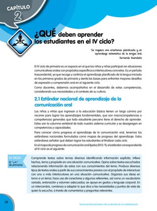 28
Movilización nacional por la Mejora de los aprendizajes
los estudiantes en el IV ciclo?
¿Qué deben aprender
Los niños y niñas que ingresan a la educación básica tienen un largo camino por
recorrer para lograr los aprendizajes fundamentales, que son macrocompetencias o
competencias generales que todo estudiante peruano tiene el derecho de aprender.
Estas son la columna vertebral de todo nuestro sistema curricular y se desagregan en
competencias y capacidades.
Para conocer cómo progresa el aprendizaje de la comunicación oral, tenemos los
estándares nacionales formulados como mapas de progreso del aprendizaje. Estos
estándares señalan qué deben lograr los estudiantes al finalizar cada ciclo.
Enelmapadeprogresodecomunicaciónoral(Ipeba2013:9),elestándarcorrespondiente
al IV ciclo es el siguiente:
El IV ciclo de primaria es un espacio en el que los niños y niñas participan en situaciones
comunicativas orales con propósitos específicos e interlocutores concretos. Es un período
trascendental, ya que recoge y continúa el aprendizaje planificado de la lengua iniciado
en los primeros grados de primaria y sienta las bases para enfrentar mayores desafíos
de expresión y comprensión oral en el siguiente ciclo.
Como docentes, debemos acompañarlos en el desarrollo de estas competencias,
considerando sus necesidades y el contexto de su cultura.
2.1 Estándar nacional de aprendizaje de la
comunicación oral
CAPÍTuLO
2
Se requiere una enseñanza planificada y un
aprendizaje sistemático de la lengua oral.
Fernando Avendaño
Comprende textos sobre temas diversos identificando información explícita; infiere
hechos, tema y propósito en una situación comunicativa. Opina sobre textos escuchados
relacionando información de estos con sus conocimientos del tema. Produce diversos
tipos de textos orales a partir de sus conocimientos previos con el propósito de interactuar
con uno o más interlocutores en una situación comunicativa. Organiza sus ideas en
torno a un tema; hace uso de conectores y algunos referentes, así como un vocabulario
variado, entonación y volumen adecuados; se apoya en gestos y lenguaje corporal. En
un intercambio, comienza a adaptar lo que dice a las necesidades y puntos de vista de
quien lo escucha, a través de comentarios y preguntas relevantes.
IV CIClo
(3.° y 4.°
de primaria)
 
