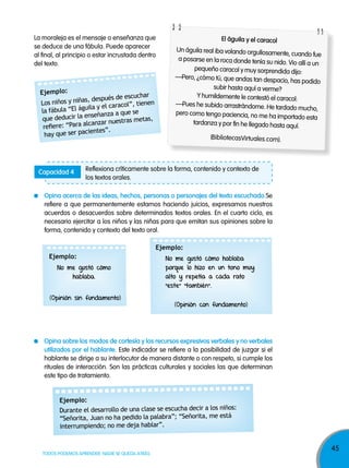 45
TODOS PODEMOS APRENDER, NADIE SE QUEDA ATRÁS
opina acerca de las ideas, hechos, personas o personajes del texto escuchado.Se
refiere a que permanentemente estamos haciendo juicios, expresamos nuestros
acuerdos o desacuerdos sobre determinados textos orales. En el cuarto ciclo, es
necesario ejercitar a los niños y las niñas para que emitan sus opiniones sobre la
forma, contenido y contexto del texto oral.
opina sobre los modos de cortesía y los recursos expresivos verbales y no verbales
utilizados por el hablante. Este indicador se refiere a la posibilidad de juzgar si el
hablante se dirige a su interlocutor de manera distante o con respeto, si cumple los
rituales de interacción. Son las prácticas culturales y sociales las que determinan
este tipo de tratamiento.
La moraleja es el mensaje o enseñanza que
se deduce de una fábula. Puede aparecer
al final, al principio o estar incrustada dentro
del texto.
Los niños y niñas, después de escuchar
la fábula “El águila y el caracol”, tienen
que deducir la enseñanza a que se
refiere: “Para alcanzar nuestras metas,
hay que ser pacientes”.
Ejemplo:
Ejemplo:
no me gustó cómo
hablaba.
(opinión sin fundamento)
Ejemplo:
no me gustó cómo hablaba
porque lo hizo en un tono muy
alto y repetía a cada rato
"este" "también".
(opinión con fundamento)
el águila y el caracol
Un águila real iba volando orgullosamente, cuando fue
a posarse en la roca donde tenía su nido. Vio allí a un
pequeño caracol y muy sorprendida dijo:
—Pero, ¿cómo tú, que andas tan despacio, has podido
subir hasta aquí a verme?
y humildemente le contestó el caracol:
—Pues he subido arrastrándome. He tardado mucho,
pero como tengo paciencia, no me ha importado esta
tardanza y por fin he llegado hasta aquí.
(BibliotecasVirtuales.com).
Durante el desarrollo de una clase se escucha decir a los niños:
“Señorita, Juan no ha pedido la palabra”; “Señorita, me está
interrumpiendo; no me deja hablar”.
Ejemplo:
Reflexiona críticamente sobre la forma, contenido y contexto de
los textos orales.
Capacidad 4
 