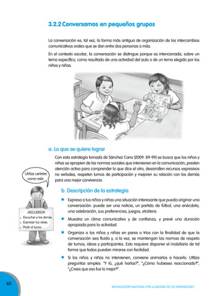 60
Movilización nacional por la Mejora de los aprendizajes
3.2.2 Conversamos en pequeños grupos
La conversación es, tal vez, la forma más antigua de organización de los intercambios
comunicativos orales que se dan entre dos personas o más.
En el contexto escolar, la conversación se distingue porque es intencionada, sobre un
tema específico, como resultado de una actividad del aula o de un tema elegido por los
niños y niñas.
a. lo que se quiere lograr
Con esta estrategia tomada de Sánchez Cano (2009: 89-99) se busca que los niños y
niñas se apropien de las normas sociales que intervienen en la comunicación, presten
atención activa para comprender lo que dice el otro, desarrollen recursos expresivos
no verbales, respeten turnos de participación y mejoren su relación con los demás
para una mejor convivencia.
b. descripción de la estrategia
Expresa a tus niños y niñas una situación interesante que pueda originar una
conversación: puede ser una noticia, un partido de fútbol, una anécdota,
una celebración, sus preferencias, juegos, etcétera.
Muestra un clima comunicativo y de confianza, y prevé una duración
apropiada para la actividad.
Organiza a los niños y niñas en pares o tríos con la finalidad de que la
conversación sea fluida y, a la vez, se mantengan las normas de respeto
de turnos, ideas y participantes. Esto requiere disponer el mobiliario de tal
forma que todos puedan mirarse con facilidad.
Si los niños y niñas no intervienen, conviene animarlos a hacerlo. Utiliza
preguntas simples: “y tú, ¿qué harías?”, “¿Cómo hubieses reaccionado?”,
“¿Crees que eso fue lo mejor?”.
Utiliza carteles
como este
¡RECUERDA!
Escuchar a los demás.
Expresar tus ideas.
Pedir el turno.
 