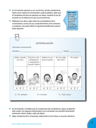61
TODOS PODEMOS APRENDER, NADIE SE QUEDA ATRÁS
En el momento oportuno y con mucho tino, brinda orientaciones
sobre cómo mejorar la conversación: pedir la palabra, dejar que
el compañero termine de expresar sus ideas, modular la voz de
acuerdo con la distancia en que nos encontramos.
Reflexiona con ellos y ellas sobre las características de la
conversación y acerca de sus comportamientos como emisores
y receptores. Se puede utilizar la siguiente plantilla para evaluar
estos aspectos.
Se recomienda, a medida que se va logrando esta competencia, seguir ampliando
este cuadro con aspectos relacionados con el contenido comunicativo (articulación,
entonación, léxico, fluidez, orden de ideas).
Dejar constancia de lo conversado, elaborando con los niños un resumen del tema.
Hablo cuando
me toca
Escucho a los
compañeros
y compañeras
cuando hablan
Hablo en voz
alta sin gritar
No me salgo
del tema
No repito
A B C A B C A B C A B C A B C
AUTOEVALUACIÓN
Hacemos conversación
Nombre: Fecha:
A = Sí, siempre B = A veces C = Casi nunca
indicadOr:
Opina sobre
los modos
de cortesía y
los recursos
expresivos
verbales y
no verbales
utilizados por
el hablante.
 