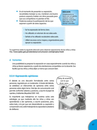 67
TODOS PODEMOS APRENDER, NADIE SE QUEDA ATRÁS
Se ha expresado de forma clara.
Ha utilizado un volumen de voz adecuado.
Señala si ha utilizado vocabulario adecuado.
Utilizó recursos como mapas y organizadores para
apoyar su exposición.
En el momento de presentar su exposición,
recuérdales manejar su voz, mantener una buena
postura corporal y hablar con ritmo pausado para
que sus compañeros no pierdan el hilo.
Podemos evaluar la participación de los que
exponen a partir de estos aspectos:
d. Variantes
Una posibilidad es preparar la exposición en casa especialmente cuando los niños y
niñas ya tienen experiencia, a partir de orientaciones compartidas con la docente. Eso
facilita que los niños y niñas elijan un tema que conocen bien.
Te sugerimos visitar la siguiente dirección para observar exposiciones de los niños y niñas:
http://www.ipeba.gob.pe/estandares/comunicacion-oral/ejemplos/nivel3
3.2.4 Expresando opiniones
El debate es una discusión formalizada entre varias
personas, regulada por un moderador. A través del debate,
se establece un intercambio de opiniones entre varias
personas sobre algún tema. Este tipo de comunicación oral
permite confrontar saberes y posturas, y asumir el papel de
oyentes y hablantes (Reyzábal 2001: 169).
Es importante que trabajemos en nuestras aulas esta
estrategia, ya que mediante ella los niños y niñas van
aprendiendo a dar opiniones, a asumir posiciones, pero,
sobre todo, a la par que van desarrollando su expresión y
comprensiónoral,estántrabajandolacapacidadciudadana
de deliberar.
INDICADOR:
Complementa su
texto oral con gestos,
contacto visual y
posturas corporales
adecuados a sus
normas culturales.
Estoy de acuerdo
con lo que
dices, pero...
 