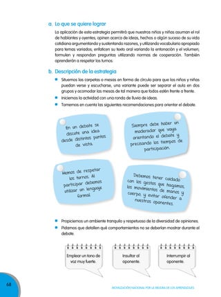 68
Movilización nacional por la Mejora de los aprendizajes
a. lo que se quiere lograr
La aplicación de esta estrategia permitirá que nuestros niños y niñas asuman el rol
de hablantes y oyentes; opinen acerca de ideas, hechos o algún suceso de su vida
cotidiana argumentando y sustentando razones, y utilizando vocabulario apropiado
para temas variados; enfaticen su texto oral variando la entonación y el volumen;
formulen y respondan preguntas utilizando normas de cooperación. También
aprenderán a respetar los turnos.
b. descripción de la estrategia
Situemos las carpetas o mesas en forma de círculo para que los niños y niñas
puedan verse y escucharse, una variante puede ser separar el aula en dos
grupos y acomodar las mesas de tal manera que todos estén frente a frente.
Iniciemos la actividad con una ronda de lluvia de ideas.
Tomemos en cuenta las siguientes recomendaciones para orientar el debate.
En un debate se
discute una idea
desde distintos puntos
de vista.
Siempre debe haber un
moderador que vaya
orientando el debate y
precisando los tiempos de
participación.
Hemos de respetar
los turnos. Al
participar debemos
utilizar un lenguaje
formal.
Debemos tener cuidadocon los gestos que hagamos,los movimientos de manos ycuerpo, y evitar ofender anuestros oponentes.
Propiciemos un ambiente tranquilo y respetuoso de la diversidad de opiniones.
Pidamos que detallen qué comportamientos no se deberían mostrar durante el
debate.
Emplear un tono de
voz muy fuerte.
Insultar al
oponente.
Interrumpir al
oponente.
 