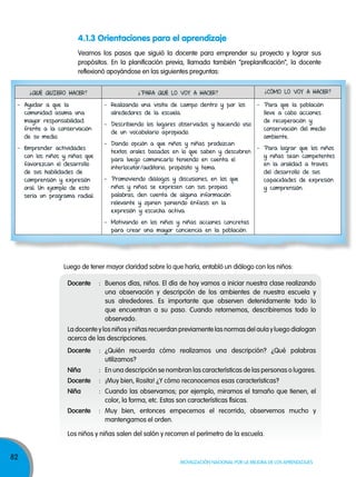 82
Movilización nacional por la Mejora de los aprendizajes
Luego de tener mayor claridad sobre lo que haría, entabló un diálogo con los niños:
docente : Buenos días, niños. El día de hoy vamos a iniciar nuestra clase realizando
una observación y descripción de los ambientes de nuestra escuela y
sus alrededores. Es importante que observen detenidamente todo lo
que encuentran a su paso. Cuando retornemos, describiremos todo lo
observado.
La docente y los niños y niñas recuerdan previamente las normas del aula y luego dialogan
acerca de las descripciones.
docente : ¿Quién recuerda cómo realizamos una descripción? ¿Qué palabras
utilizamos?
niña : En una descripción se nombran las características de las personas o lugares.
docente : ¡Muy bien, Rosita! ¿y cómo reconocemos esas características?
niña : Cuando las observamos; por ejemplo, miramos el tamaño que tienen, el
color, la forma, etc. Estas son características físicas.
docente : Muy bien, entonces empecemos el recorrido, observemos mucho y
mantengamos el orden.
Los niños y niñas salen del salón y recorren el perímetro de la escuela.
4.1.3 Orientaciones para el aprendizaje
Veamos los pasos que siguió la docente para emprender su proyecto y lograr sus
propósitos. En la planificación previa, llamada también “preplanificación”, la docente
reflexionó apoyándose en las siguientes preguntas:
¿QuÉ QuiERo HACER? ¿PARA QuÉ lo voY A HACER? ¿CóMo lo voY A HACER?
- Ayudar a que la
comunidad asuma una
mayor responsabilidad
frente a la conservación
de su medio.
- Emprender actividades
con los niños y niñas que
favorezcan el desarrollo
de sus habilidades de
comprensión y expresión
oral. un ejemplo de esto
sería un programa radial.
- Realizando una visita de campo dentro y por los
alrededores de la escuela.
- Describiendo los lugares observados y haciendo uso
de un vocabulario apropiado.
- Dando opción a que niños y niñas produzcan
textos orales basados en lo que saben y descubren
para luego comunicarlo teniendo en cuenta el
interlocutor/auditorio, propósito y tema.
- Promoviendo diálogos y discusiones, en los que
niños y niñas se expresen con sus propias
palabras, den cuenta de alguna información
relevante y opinen poniendo énfasis en la
expresión y escucha activa.
- Motivando en los niños y niñas acciones concretas
para crear una mayor conciencia en la población.
- Para que la población
lleve a cabo acciones
de recuperación y
conservación del medio
ambiente.
- Para lograr que los niños
y niñas sean competentes
en la oralidad a través
del desarrollo de sus
capacidades de expresión
y comprensión.
 