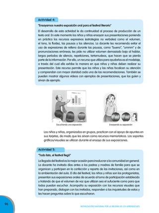 96
Movilización nacional por la Mejora de los aprendizajes
Actividad 4:
“Ensayamos nuestra exposición oral para el festival literario”
El desarrollo de esta actividad le da continuidad al proceso de producción de un
texto oral. En este momento los niños y niñas ensayan sus presentaciones poniendo
en práctica los recursos expresivos (estrategias no verbales) como el volumen,
el tono, la fluidez, las pausas y los silencios. La docente les recomienda evitar el
uso de expresiones de relleno durante las pausas, como “bueno”, “ummm” y de
pronunciaciones erróneas; les pide no utilizar volumen demasiado bajo al hablar,
largos períodos de silencio, repeticiones, tartamudeos, que hacen que se pierda
parte de la información. Por ello, un recurso que utiliza para ayudarlos es el modelaje,
a través del cual ella exhibe la manera en que niños y niñas deben realizar su
presentación. Este recurso permite que los niños y las niñas focalicen su atención
y comprendan con mayor claridad cada una de las recomendaciones. También se
pueden mostrar algunos videos con ejemplos de presentaciones, que los guíen y
sirvan de ejemplo.
Los niños y niñas, organizados en grupos, practican con el apoyo de apuntes en
sus tarjetas, de modo que les sirvan como recursos memorísticos. Los soportes
gráficos/visuales se utilizan durante el ensayo de sus exposiciones.
Actividad 5:
“Todo listo, el festival llegó”
Lallegadadelfestivaleslamejorocasiónparainvolucraralacomunidadengeneral.
La docente ha invitado días antes a los padres y madres de familia para que se
organicen y participen en la confección y reparto de las invitaciones, así como en
la ambientación del aula. El día del festival, los niños y niñas son los protagonistas,
presentan sus exposiciones orales de acuerdo al turno de participación establecido
y tratando de que el volumen de voz que utilizan sea el sufuciente como para que
todos puedan escuchar. Acompaña su exposición con los recursos visuales que
han preparado, dialogan con los invitados, responden a las inquietudes de estos y
les hacen preguntas sobre lo que escucharon.
Escuchando una exposición Ensayando su exposición
 