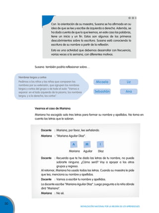 50
MOVILIZACIÓN NACIONAL POR LA MEJORA DE LOS APRENDIZAJES
Susana también podría reflexionar sobre…
nombres largos y cortos
Pedimos a los niños y las niñas que comparen los
nombres por su extensión, que agrupen los nombres
largos y cortos del grupo o de toda el aula: “Vamos a
separar: en el lado izquierdo de la pizarra, los nombres
largos; y a la derecha, los cortos”.
Micaela
Sebastián
Liz
Ana
Con la orientación de su maestra, Susana se ha afirmado en su
idea de que se lee y escribe de izquierda a derecha. Además, se
ha dado cuenta de que lo que leemos, en este caso las palabras,
tiene un inicio y un fin. Estos son algunos de los primeros
descubrimientos sobre la escritura. Susana está conociendo la
escritura de su nombre a partir de la reflexión.
Esta es una actividad que debemos desarrollar con frecuencia,
varias veces a la semana, con diferentes motivos.
Veamos el caso de Mariana:
Mariana ha escogido solo tres letras para formar su nombre y apellidos. No toma en
cuenta las letras que le sobran.
docente : Mariana, por favor, lee señalando.
Mariana : “Mariana Aguilar Díaz”.
docente : Recuerda que te he dado las letras de tu nombre, no puede
sobrarte ninguna. ¿Cómo será? Voy a apoyar a los otros
grupos y regreso.
Al retornar, Mariana ha usado todas las letras. Cuando su maestra le pide
que lea, menciona su nombre y apellidos.
docente : Vamos a escribir tu nombre y apellidos.
La docente escribe “Mariana Aguilar Díaz”. Luego pregunta a la niña dónde
dirá “Mariana”.
Mariana : No sé.
a M i
Mariana Aguilar Díaz
 