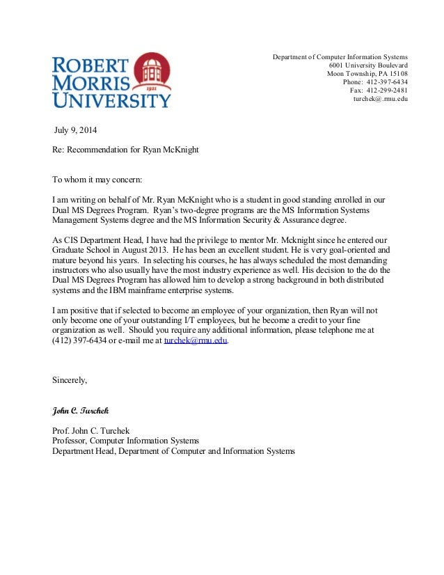 ryan mcknight recommendation letter from dr john turchek letter of recommendation masters degree