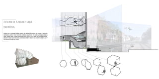 Inspired by an intricately folded system, this Manayunk research lab creates a space for
scientists to preform short term data collecting excursions. The building includes sleeping
areas, eating space, a large observation deck, and a buit-in desk for recording findings.
Situated to open up to the canal, scientists are able to observe up close while staying out of
the elements during their duties.
folded structure
Program: Research Lab
Location: Manayunk, PA
 
