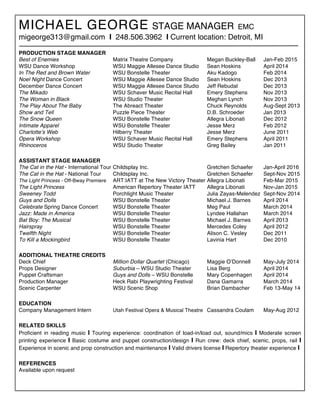 MICHAEL GEORGE STAGE MANAGER EMC
migeorge313@gmail.com I 248.506.3962 I Current location: Detroit, MI
PRODUCTION STAGE MANAGER
Best of Enemies Matrix Theatre Company Megan Buckley-Ball Jan-Feb 2015
WSU Dance Workshop WSU Maggie Allesee Dance Studio Sean Hoskins April 2014
In The Red and Brown Water WSU Bonstelle Theater Aku Kadogo Feb 2014
Noel Night Dance Concert WSU Maggie Allesee Dance Studio Sean Hoskins Dec 2013
December Dance Concert WSU Maggie Allesee Dance Studio Jeff Rebudal Dec 2013
The Mikado WSU Schaver Music Recital Hall Emery Stephens Nov 2013
The Woman in Black WSU Studio Theater Meghan Lynch Nov 2013
The Play About The Baby The Abreact Theater Chuck Reynolds Aug-Sept 2013
Show and Tell Puzzle Piece Theater D.B. Schroeder Jan 2013
The Snow Queen WSU Bonstelle Theater Allegra Libonati Dec 2012
Intimate Apparel WSU Bonstelle Theater Jesse Merz Feb 2012
Charlotte’s Web Hilberry Theater Jesse Merz June 2011
Opera Workshop WSU Schaver Music Recital Hall Emery Stephens April 2011
Rhinoceros WSU Studio Theater Greg Bailey Jan 2011
ASSISTANT STAGE MANAGER
The Cat in the Hat - International Tour Childsplay Inc. Gretchen Schaefer Jan-April 2016
The Cat in the Hat - National Tour Childsplay Inc. Gretchen Schaefer Sept-Nov 2015
The Light Princess - Off-Bway Premiere ART:IATT at The New Victory Theater Allegra Libonati Feb-Mar 2015
The Light Princess American Repertory Theater IATT Allegra Libonati Nov-Jan 2015
Sweeney Todd Porchlight Music Theater Julia Zayas-Melendez Sept-Nov 2014
Guys and Dolls WSU Bonstelle Theater Michael J. Barnes April 2014
Celebrate Spring Dance Concert WSU Bonstelle Theater Meg Paul March 2014
Jazz: Made in America WSU Bonstelle Theater Lyndee Hallahan March 2014
Bat Boy: The Musical WSU Bonstelle Theater Michael J. Barnes April 2013
Hairspray WSU Bonstelle Theater Mercedes Coley April 2012
Twelfth Night WSU Bonstelle Theater Alison C. Vesley Dec 2011
To Kill a Mockingbird WSU Bonstelle Theater Lavinia Hart Dec 2010
ADDITIONAL THEATRE CREDITS
Deck Chief Million Dollar Quartet (Chicago) Maggie O’Donnell May-July 2014
Props Designer Suburbia – WSU Studio Theater Lisa Berg April 2014
Puppet Craftsman Guys and Dolls – WSU Bonstelle Mary Copenhagen April 2014
Production Manager Heck Rabi Playwrighting Festival Dana Gamarra March 2014
Scenic Carpenter WSU Scenic Shop Brian Dambacher Feb 13-May 14
EDUCATION
Company Management Intern Utah Festival Opera & Musical Theatre Cassandra Coulam May-Aug 2012
RELATED SKILLS
Proficient in reading music I Touring experience: coordination of load-in/load out, sound/mics I Moderate screen
printing experience I Basic costume and puppet construction/design I Run crew: deck chief, scenic, props, rail I
Experience in scenic and prop construction and maintenance I Valid drivers license I Repertory theater experience I
REFERENCES
Available upon request
 