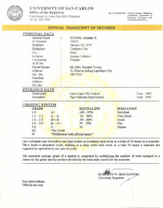 UNIVERSITY OF SAN CARLOS
Office of the Registrar
P.del Rosario st.. Cebu City 6000, Philippines
Tel. No, 253-1000
RE-ACCREDTTED, Charter Member, Philippine
Accrediting Association of
Schools, Colleges and
Universities (PAASCU)
OFFICIAL TRANSCRIPT OF RECORDS
--~-~------------.------------
PERSONAL DATA
Student Name
ll)Numoer
Birthdate
Birthplace
Sex
leONG, Zosimo Y.
79422
January 20, 1973
Cotabato City
Malle
Roman Catholic
Filipino
Religion
Citizenship
ACRNo.
Parent/Spo use
Address
Tel. No.
Guardian
Address
Tel. No.
l-ir.lM..rs.Nicanor Ycong
Sf. Francus Babag Lapulapu City
340-7472
ENTRANCE DATE
Elementary
Secondary
Lapu- Lapu City School
Pajo National High School
Year: 1987
Year: 1991
GRADING SYSTEM
GRADE
1.0
1.1 -1.5
1.6 - 2.5
2.6- 3.0
5.0
NC
W
A+
A-A-
B+--B
B- --c+
c-
«No Credit
''Withdrawal with official notice"
EQUIVALENT
100-95%
94 ·-90%
89-80%
79-75%
74
INDICATION
Excellent
Very Good
Good
Fair
Failure
One Collegiate unit of credit is one hour lecture or recitation each week or a total of 18 hours in a semester.
Three hours a laboratory work, drafting or a shop work each week or a total 54 hours a semester are
regarded as equivalent to one unit of credit.
TIle semestral average grade of a student is computed by multiplying the number of units assigned to a
course by the grade and the product divided by the total units earned for the semester,
Not valid without
Official use seal
diiJ,,,/ ~
ROif!*I'O V. IRAT AGO~l
University Regislr~.J
 