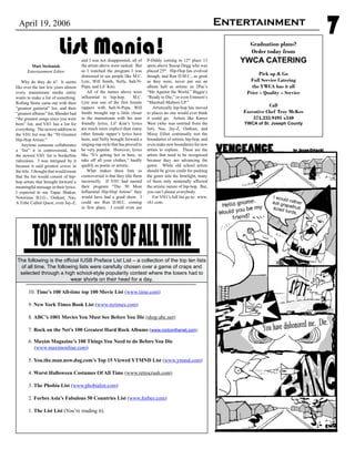 7April 19, 2006
Matt Stefaniak
Entertainment Editor
Why do they do it? It seems
like over the last few years almost
every mainstream media entity
wants to make a list of something.
Rolling Stone came out with their
“greatest guitarist” list, and their
“greatest albums” list, Blender had
“the greatest songs since you were
born” list, and VH1 has a list for
everything. The newest addition to
the VH1 list was the “50 Greatest
Hip-Hop Artists.”
Anytime someone collaborates
a “list” it is controversial, but
the newest VH1 list is borderline
ridiculous. I was intrigued by it
because it said greatest artists in
the title. I thought that would mean
that the list would consist of hip-
hop artists that brought forward a
meaningful message in their lyrics.
I expected to see Tupac Shakur,
Notorious B.I.G., Outkast, Nas,
A Tribe Called Quest, even Jay-Z,
and I was not disappointed, all of
the artists above were ranked. But
as I watched the program I was
distressed to see people like M.C.
Lyte, Will Smith, Nelly, Salt-N-
Pepa, and Lil’ Kim.
All of the names above were
influential to hip-hop. M.C.
Lyte was one of the first female
rappers with Salt-N-Pepa, Will
Smith brought rap a little closer
to the mainstream with his user
friendly lyrics, Lil’ Kim’s lyrics
are much more explicit than many
other female rapper’s lyrics have
been, and Nelly brought forward a
singing-rap style that has proved to
be very popular. However, lyrics
like “It’s getting hot in here, so
take off all your clothes,” hardly
qualify as poetic or artistic.
What makes these lists so
controversial is that they title them
incorrectly. If VH1 had named
their program “The 50 Most
Influential Hip-Hop Artists” they
would have had a good show. I
could see Run D.M.C. coming
in first place. I could even see
P-Diddy coming in 12th
place 13
spots above Snoop Dogg who was
placed 25th
. Hip-Hop has evolved
though, and Run D.M.C., as great
as they were, never put out an
album half as artistic as 2Pac’s
“Me Against the World,” Biggie’s
“Ready to Die,” or even Eminem’s
“Marshall Mathers LP.”
Artistically hip-hop has moved
to places no one would ever think
it could go. Artists like Kanye
West (who was omitted from the
list), Nas, Jay-Z, Outkast, and
Missy Elliot continually test the
boundaries of artistic hip-hop, and
even make new boundaries for new
artists to explore. These are the
artists that need to be recognized
because they are advancing the
genre. While old school artists
should be given credit for pushing
the genre into the limelight, many
of them only minimally affected
the artistic nature of hip-hop. But,
you can’t please everybody.
For VH1’s full list go to: www.
vh1.com.
List Mania! Graduation plans?
Order today from
YWCA CATERING
Pick up & Go
Full Service Catering
the YWCA has it all
Price – Quality – Service
Call
Executive Chef Troy McKee
574.233.9491 x340
YWCA of St. Joseph County
Entertainment
The following is the official IUSB Preface List List – a collection of the top ten lists
of all time. The following lists were carefully chosen over a game of craps and
selected through a high school-style popularity contest where the losers had to
wear shorts on their head for a day.
10. Time’s 100 All-time top 100 Movie List (www.time.com)
9. New York Times Book List (www.nytimes.com)
8. ABC’s 1001 Movies You Must See Before You Die (shop.abc.net)
7. Rock on the Net’s 100 Greatest Hard Rock Albums (www.rockonthenet.com)
6. Maxim Magazine’s 100 Things You Need to do Before You Die
(www.maximonline.com)
5. You.the.man.now.dog.com’s Top 15 Viewed YTMND List (www.ytmnd.com)
4. Worst Halloween Costumes Of All Time (www.retrocrush.com)
3. The Phobia List (www.phobialist.com)
2. Forbes Asia’s Fabulous 50 Countries List (www.forbes.com)
1. The List List (You’re reading it).
Toptenlistsofalltime
 