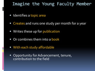 Imagine the Young Faculty Member
 Identifies a topic area
 Creates and runs one study per month for a year
 Writes these up for publication
 Or combines them into a book
 With each study affordable
 Opportunity for Advancement, tenure,
contribution to the field
 