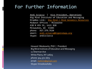 For Further Information
Howard Moskowitz, PhD | President
Big Mind Institute of Education and Messaging
11 Sherman Ave
White Plains, NY 10605
phone: 914 572 1673
email: mjihrm@gmail.com
Skype: hmoskowitz62
Andi Sciacca | Vice President, Operations
Big Mind Institute of Education and Messaging
DropBox Link: Big Mind / Mind Genomics Resources
Midwest Offices - Milwaukee
630 N 4th St, Unit 820
Milwaukee, WI 53203
phone: 917.379.7634
email: andi.sciacca@bigmindapp.org
Skype: andisciacca
 