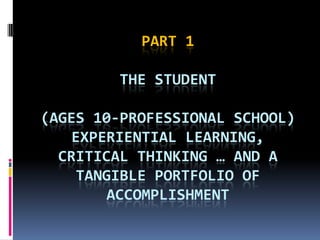 PART 1
THE STUDENT
(AGES 10-PROFESSIONAL SCHOOL)
EXPERIENTIAL LEARNING,
CRITICAL THINKING … AND A
TANGIBLE PORTFOLIO OF
ACCOMPLISHMENT
 