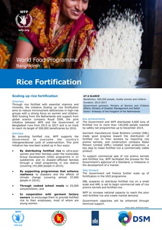 Scaling up rice fortification
Overview
Through rice fortified with essential vitamins and
minerals, the initiative Scaling up rice fortification
aims to reduce micronutrient deficiencies in high-risk
groups with a strong focus on women and children.
With funding from the Netherlands and support from
global science company Royal DSM, the joint
initiative between WFP and the Government of
Bangladesh runs from 2013 to 2017 and is on track
to reach its target of 500,000 beneficiaries by 2016.
Activities
By providing fortified rice, WFP supports the
Government to overcome the country’s
intergenerational cycle of undernutrition. This joint
initiative has now been scaled up in four ways:
 By distributing fortified rice to ultra-poor
women and their families under the Vulnerable
Group Development (VGD) programme in 12
subdistricts and to disaster-affected families
through a relief programme in one district
(covering 141,000 people in 2014);
 By supporting programmes that enhance
resilience to disasters and the effects of
climate change (covering almost 37,000
people in 2014);
 Through cooked school meals to 25,000
schoolchildren; and
 In cooperation with garment factory
owners to encourage them to provide fortified
rice to their employees, most of whom are
young women.
Key achievements
The Government and WFP distributed 4,600 tons of
fortified rice to more than 140,000 people reached
by safety net programmes up to December 2014.
Garment manufacturer Dulal Brothers Limited (DBL)
made good progress toward the distribution of
fortified rice to their workers by importing rice
premix kernels, and construction company Abdul
Monem Limited (AML) initiated local production, a
key step to make fortified rice a commercially viable
product.
To support commercial sale of rice premix kernels
and fortified rice, WFP facilitated the process for the
Government’s approval of a Standard, a milestone in
the development of a market.
Way forward
The Government will finance further scale up of
fortification in the VGD programme.
DBL prepares to distribute fortified rice on a small
scale and AML is set to begin commercial sale of rice
premix kernels and fortified rice.
WFP to increase national capacity to reach the poor
with fortified rice and create market demand.
Government capacities will be enhanced through
technical support.
Rice Fortification
World Food Programme
Bangladesh
AT A GLANCE
Beneficiary: 500,000 people, mostly women and children
Duration: 2013-2017
Government partners: Ministry of Women and Children
Affairs, Ministry of Disaster Management and Relief
Donor: Embassy of the Kingdom of the Netherlands
Photo credits: WFP/Ranak Martin
 