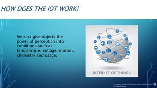 HOW DOES THE IOT WORK?
Sensors give objects the
power of perception into
conditions such as
temperature, voltage, motion,
chemistry and usage.
19Copyright © Wilson Elser Moskowitz Edelman & Dicker 2016
All Rights Reserved
 