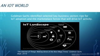 AN IOT WORLD
Goldman Sachs identified selected key business sectors ripe for
IoT adoption and the marketplace forces that will drive IoT activity.
22
“The Internet of Things: Making Sense of the Next Mega Trend,” Goldman Sachs
(Sept. 2014) Copyright © Wilson Elser Moskowitz Edelman & Dicker 2016
All Rights Reserved
 