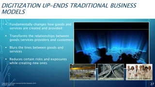 DIGITIZATION UP-ENDS TRADITIONAL BUSINESS
MODELS
 Fundamentally changes how goods and
services are created and provided
 Transforms the relationships between
goods/services providers and customers
 Blurs the lines between goods and
services
 Reduces certain risks and exposures
while creating new ones
Manufacturing Transportation/Logistics Healthcare/Life Sciences
27Copyright © Strategic Insurance & Risk Solutions 2016
All Rights Reserved
 