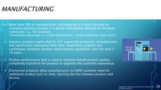 MANUFACTURING
 More than 50% of manufacturers participating in a study focused on
changing business models in a global marketplace planned to introduce
connected, i.e., IoT products
- “Competitive Advantage in a Global Marketplace,” Oxford Economics (June 2013)
 Industry analysts expect that for IoT-supported processes, manufacturers
will significantly strengthen their data acquisition/analysis and
continuous-feedback product improvement capabilities over the next 5 –
10 years.
 Product performance data is used to improve overall product quality,
completely transform the product or augment the customer experience.
 Connected products allow manufacturers to fulfill customer need for
additional product just-in-time, blurring the line between product and
service.
28Copyright © Strategic Insurance & Risk Solutions 2016
All Rights Reserved
 