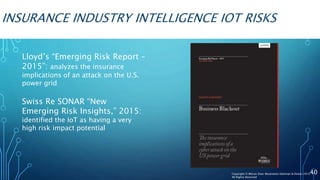 INSURANCE INDUSTRY INTELLIGENCE IOT RISKS
Lloyd’s “Emerging Risk Report –
2015”: analyzes the insurance
implications of an attack on the U.S.
power grid
Swiss Re SONAR “New
Emerging Risk Insights,” 2015:
identified the IoT as having a very
high risk impact potential
40Copyright © Wilson Elser Moskowitz Edelman & Dicker 2016
All Rights Reserved
 