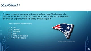 SCENARIO I
A rogue employee operated a drone to collect video film footage of a
party at the estate of Patriots’ quarterback, Tom Brady. Mr. Brady claims
an invasion of privacy with resulting mental anguish.
47
Which policies will respond?
 A. CGL
 B. Umbrella
 C. Aviation
 D. E&O
 E. None of the above
 F. All of the above
(Image: New England Patriots)
 