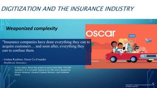 DIGITIZATION AND THE INSURANCE INDUSTRY
Weaponized complexity
5
"Insurance companies have done everything they can to
acquire customers… and soon after, everything they
can to confuse them”
- Joshua Kushner, Oscar Co-Founder
Healthcare Insurance
In four years, Oscar has grown to serve more than 145,000
members. It is currently valued at $2.7Bn and is backed by
Khosla Ventures, General Catalyst Partners, and Goldman
Sachs.
Copyright © Capgemini Consulting 2016
All Rights Reserved
 
