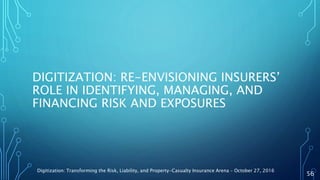 DIGITIZATION: RE-ENVISIONING INSURERS’
ROLE IN IDENTIFYING, MANAGING, AND
FINANCING RISK AND EXPOSURES
Digitization: Transforming the Risk, Liability, and Property-Casualty Insurance Arena – October 27, 2016
56
 