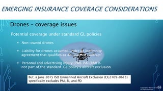 EMERGING INSURANCE COVERAGE CONSIDERATIONS
69
Drones – coverage issues
Copyright © Marsh 2016
All Rights Reserved
Potential coverage under standard GL policies
 Non-owned drones
 Liability for drones assumed under an indemnity
agreement that qualifies as an “insured contract”
 Personal and advertising injury (PAI). PAI (PAI) is
not part of the standard GL policy’s aircraft exclusion
But, a June 2015 ISO Unmanned Aircraft Exclusion (CG2109-0615)
specifically excludes PAI, BI, and PD
 