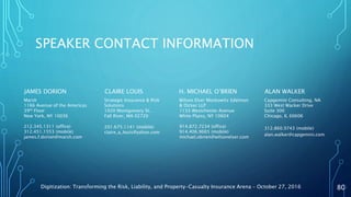 SPEAKER CONTACT INFORMATION
JAMES DORION
Marsh
1166 Avenue of the Americas
39th Floor
New York, NY 10036
212.345.1311 (office)
312.451.1553 (mobile)
james.f.dorion@marsh.com
CLAIRE LOUIS
Strategic Insurance & Risk
Solutions
1020 Montgomery St.
Fall River, MA 02720
201.675.1141 (mobile)
claire_a_louis@yahoo.com
H. MICHAEL O’BRIEN
Wilson Elser Moskowitz Edelman
& Dicker LLP
1133 Westchester Avenue
White Plains, NY 10604
914.872.7234 (office)
914.406.9665 (mobile)
michael.obrien@wilsonelser.com
ALAN WALKER
Capgemini Consulting, NA
333 West Wacker Drive
Suite 300
Chicago, IL 60606
312.860.9743 (mobile)
alan.walker@capgemini.com
Digitization: Transforming the Risk, Liability, and Property-Casualty Insurance Arena – October 27, 2016 80
 