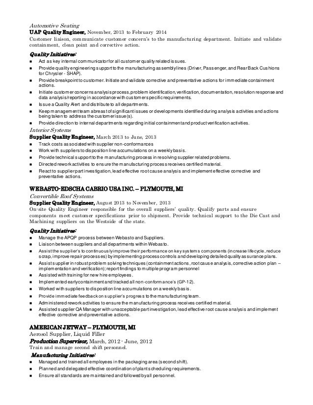 supplier quality engineer resume