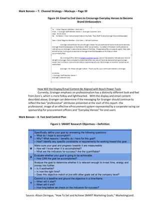 Mark Benson -- 7. Channel Strategy – Mockups – Page 39
Figure 14: Email to End Users to Encourage Everyday Heroes to Become
Brand Ambassadors
How Will the Display/Email Content Be Aligned with Bosch Power Tools
Currently, Grainger emphasis on professionalism has a distinctly different look and feel
from Zoro’s, which is more folksy and lighthearted. With the display and email content
described above, Grainger can determine if the messaging for Grainger should continue to
reflect the two “professional” attributes presented at the start of this report--the
professional, image of an effective eProcurement system represented by a corporate racing car
sponsorship for procurement officers and “Everyday Heroes” for end users.
Mark Benson – 8. Test And Control Plan
Figure 1: SMART Research Objectives – Definition
Source: Alison Zeringue, “How To Set and Achieve SMART Marketing Goals,” MarketingLand.
 