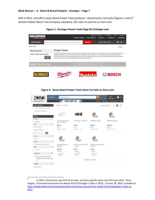 Mark Benson -- 3. Client & Brand Analysis – Grainger – Page 7
62% in 2015, and offers seven Bosch Power Tools products—attachments, not tools (Figures 1 and 2).6
Another Robert Bosch Tool Company subsidiary, Skil, sells its tool line on Zoro.com.
Figure 1: Grainger Power Tools Page On Grainger.com
Figure 2: Seven Bosch Power Tools Items For Sale on Zoro.com
6
In 2015, eCommerce was 41% of all sales, and Zoro-specific sales rose 62% over 2014. Nona
Tepper, “eCommerce Accounts for Nearly 41% of Grainger’s Sales in 2015,” January 26, 2016, available at
https://www.b2becommerceworld.com/e-commerce-accounts-for-nearly-41%-of-grainger’s-sales-in-
2015.
 