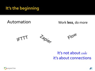 Work less, do moreAutomation
It’s not about code
it’s about connections
 