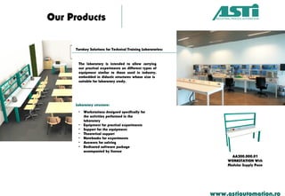 Our Products
www.astiautomation.ro
Turnkey Solutions for Technical Training Laboratories:
AA200.000.01
WORKSTATION With
Modular Supply Pane
The laboratory is intended to allow carrying
out practical experiments on different types of
equipment similar to those used in industry,
embedded in didactic structures whose size is
suitable for laboratory study.
• Workstations designed specifically for
the activities performed in the
laboratory
• Equipment for practical experiments
• Support for the equipment:
• Theoretical support
• Notebooks for experiments
• Answers for solving
• Dedicated software package
accompanied by license
Laboratory structure:
 