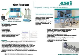 Our Products
www.astiautomation.ro* For more detailed information please check our website and catalogue.
**Please check the dedicated user manual for more information on each individual product.
Integrated Teaching and Research Platforms*
AA087.000.01
COUPLED TANK SYSTEM
ASTANK2 SIEMENS/BURKERT
Installation structure
- two interconnected graded tanks:
- with constant section;
- with variable section.
- collector tank;
- level transducers;
- pumping network:
- pressure transducers;
- flow transducers;
- control valves(continous electrovalves);
- frequency converter controlled pump;
- constant flow auxiliary pumps.
Experiments:
- study of the static and dynamic characteristics of transducers and actuators;
- process data acquisition and conditioning;
- analytic modeling and/or experimental identification of the processes;
- design of simple control structures (single controller of type P, PI or PID);
- design of multi-model control algorithms or for multi-variable processes;
- implementation of adaptive structures for time-variant processes;
- implementation of control strategies based on evolutionary techniques;
- comparative study of control and robustness performance for the implemented
algorithms.
Versatile platform for a broad range of
maintenance tasks on various
manufacturing processes.
Enhanced design that offers integrated
software diagnosis tool, 4 IEPE
interfaces for vibration sensors and 1
speed input.
VALS 1200 CONDITION MONITORING
ASTANK2
Integrated functions both for training and industrial use, such as:
Characteristic values (bearing, vibration monitoring)
Frequency-selective analysis using FFT, H-FFT
Trend analysis
Limit value monitoring of frequency bands
Recording with time stamp of trend values, raw data, frequency
spectra, alarm log
Simple localization of damage using fingerprint comparison
Output of system and status messages
Extraction of raw data for further diagnoses
Web server
 