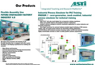 Our Products
www.astiautomation.ro* For more detailed information please check our website and catalogue.
**Please check the dedicated user manual for more information on each individual product.
Integrated Teaching and Research Platforms*
Flexible Assembly Line
FUTURE DIGITALIZED FACTORY
INDUSTRY 4.0
The large array of sensors and actuators of the
Flexible Assembly Line is equipped with offer a great
flexibility in developing experiments for teaching and
research:
• Motor Drives and Inverters
• Industrial Communication Protocols Instrumentation
• Sequential Control Systems and PLCs
• Wireless communication
• Fault detection
• Predictive programming
• DAQ, processing and monitoring
• Human Machine Interface (HMI)
• RFID
• SCADA
Industrial Process Simulator for PLC Training
PROSIM T - next-generation, touch enabled, industrial
process simulator for technical training
Features:
- large 15.6” inch color touch display for an immersive training experience;
- robust and scalable Industry 4.0 compliant hardware architecture;
- complete software package for discrete automation applications in various industries and
increasing complexity;
- 4mm signal connectors for universal industry-standard signal intefacing to PLC trainers; 
-rugged, safe and tamper-proof enclosure for demanding training applications;
-over 30 different 3D animated exercises featuring various real-life and industrial scenarios;
-highly customizable exercises in order to satisfy specific customer requirements.
 