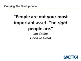 “People are not your most
important asset. The right
people are.”
Jim Collins
Good To Great
Cracking The Startup Code
 