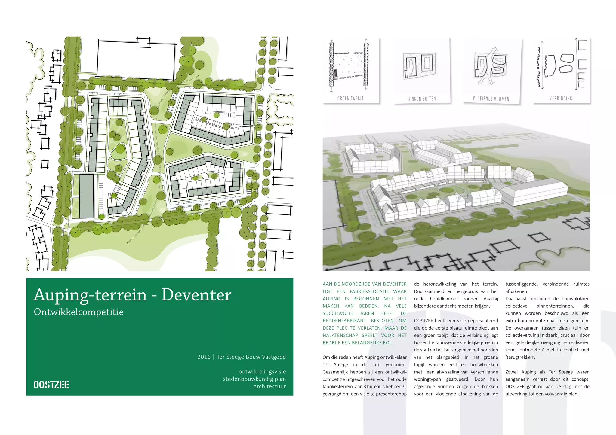 groen tapijt binnen buiten vloeiende vormen verbinding
2016 | Ter Steege Bouw Vastgoed
ontwikkelingsvisie
stedenbouwkundig plan
architectuur
Auping-terrein - Deventer
Ontwikkelcompetitie
AAN DE NOORDZIJDE VAN DEVENTER
LIGT EEN FABRIEKSLOCATIE WAAR
AUPING IS BEGONNEN MET HET
MAKEN VAN BEDDEN. NA VELE
SUCCESVOLLE JAREN HEEFT DE
BEDDENFABRIKANT BESLOTEN OM
DEZE PLEK TE VERLATEN, MAAR DE
NALATENSCHAP SPEELT VOOR HET
BEDRIJF EEN BELANGRIJKE ROL.
Om die reden heeft Auping ontwikkelaar
Ter Steege in de arm genomen.
Gezamenlijk hebben zij een ontwikkel-
competitie uitgeschreven voor het oude
fabrikesterrein; aan 3 bureau’s hebben zij
gevraagd om een visie te presenterenop
de herontwikkeling van het terrein.
Duurzaamheid en hergebruik van het
oude hoofdkantoor zouden daarbij
bijzondere aandacht moeten krijgen.
OOSTZEE heeft een visie gepresenteerd
die op de eerste plaats ruimte biedt aan
een groen tapijt dat de verbinding legt
tussen het aanwezige stedelijke groen in
de stad en het buitengebied net noorden
van het plangebied. In het groene
tapijt worden gesloten bouwblokken
met een afwisseling van verschillende
woningtypen gesitueerd. Door hun
afgeronde vormen zorgen de blokken
voor een vloeiende afbakening van de
tussenliggende, verbindende ruimtes
afbakenen.
Daarnaast omsluiten de bouwblokken
collectieve binnenterreinnen, die
kunnen worden beschouwd als een
extra buitenruimte naast de eigen tuin.
De overgangen tussen eigen tuin en
collectieve tuin zijn daarbij cruciaal; door
een geleidelijke overgang te realiseren
komt ‘ontmoeten’ niet in conflict met
‘terugtrekken’.
Zowel Auping als Ter Steege waren
aangenaam verrast door dit concept.
OOSTZEE gaat nu aan de slag met de
uitwerking tot een volwaardig plan.
 