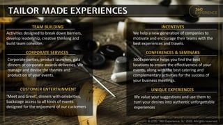 TAILOR MADE EXPERIENCES
Activities designed to break down barriers,
develop leadership, creative thinking and
build team cohesion.
TEAM BUILDING
‘Meet and Greet’, dinners with celebrities,
backstage access to all kinds of events
designed for the enjoyment of our customers
CUSTOMER ENTERTAINMENT
Corporate parties, product launches, gala
dinners or corporate awards deliveries. We
manage and devise the themes and
production of your events.
CORPORATE SERVICES
360Experience helps you find the best
locations to ensure the effectiveness of your
events, along with the best catering and
complementary activities for the success of
your business meetings.
CONFERENCES & SEMINARS
We value your suggestions and use them to
turn your desires into authentic unforgettable
experiences
UNIQUE EXPERIENCES
We help a new generation of companies to
motivate and encourage their teams with the
best experiences and travels.
INCENTIVES
 