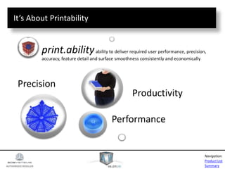 AUTHORIZED RESELLER
Product List
Summary
Navigation:
Precision
Performance
Productivity
print.abilityability to deliver required user performance, precision,
accuracy, feature detail and surface smoothness consistently and economically
It’s About Printability
 