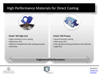 AUTHORIZED RESELLER
Product List
Summary
Navigation:
VisiJet® M3 High-Cast
•High resolution micro-casting
•Melt temp 70°C
•Works in standard lost-wax casting processes
•Dark blue
VisiJet® M3 Prowax
•General foundry casting
•Melt temp 70°C
•Use standard casting procedures and materials
•Light blue
High Performance Materials for Direct Casting
Engineered Performance
 