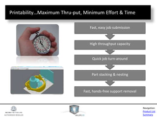 AUTHORIZED RESELLER
Product List
Summary
Navigation:
Fast, hands-free support removal
Part stacking & nesting
Quick job turn-around
High throughput capacity
Fast, easy job submission
Printability…Maximum Thru-put, Minimum Effort & Time
 