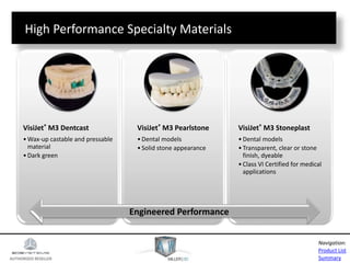 AUTHORIZED RESELLER
Product List
Summary
Navigation:
VisiJet® M3 Dentcast
•Wax-up castable and pressable
material
•Dark green
VisiJet® M3 Pearlstone
•Dental models
•Solid stone appearance
VisiJet® M3 Stoneplast
•Dental models
•Transparent, clear or stone
finish, dyeable
•Class VI Certified for medical
applications
High Performance Specialty Materials
Engineered Performance
 