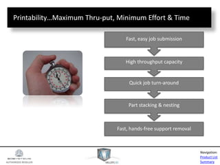 AUTHORIZED RESELLER
Product List
Summary
Navigation:
Fast, hands-free support removal
Part stacking & nesting
Quick job turn-around
High throughput capacity
Fast, easy job submission
Printability…Maximum Thru-put, Minimum Effort & Time
 